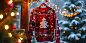 Colourful Christmas jumper on a hanger with lights.