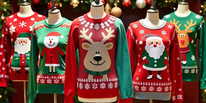 Colourful Christmas jumpers with fun designs on display.