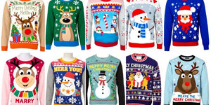 Colourful Christmas jumpers for men, featuring festive designs.