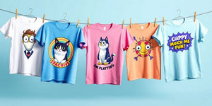 Colourful funny t-shirts on display against a light background.