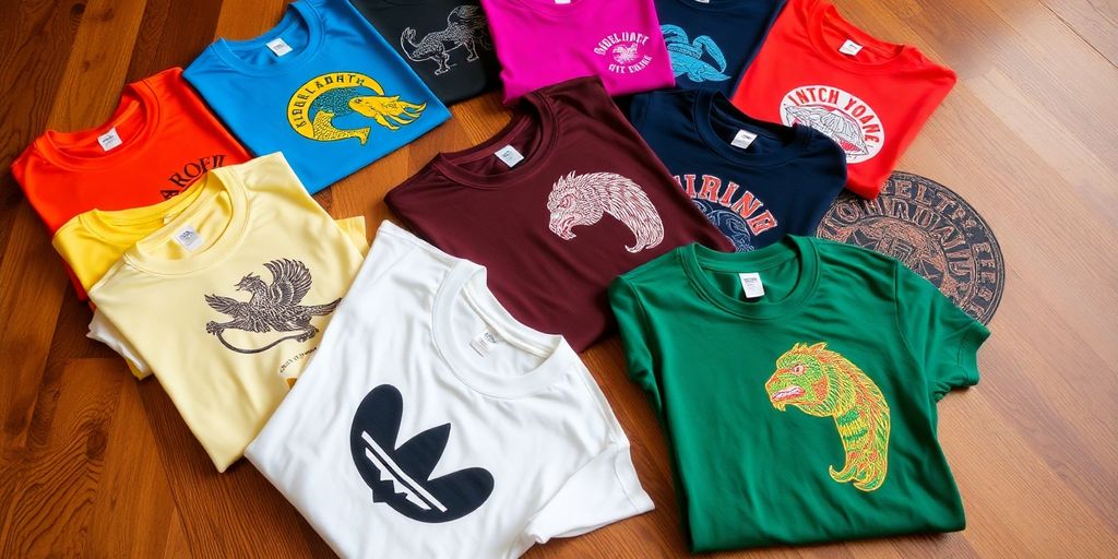 Colourful limited edition t-shirts on a wooden surface.