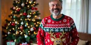 Dad in funny Christmas jumper by Christmas tree