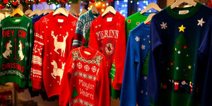 Colourful Christmas jumpers in a festive setting.