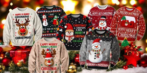 Colourful Christmas jumpers with funny designs and decorations.