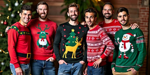 Men in Christmas jumpers of various sizes and styles.