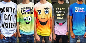 Assorted funny t-shirts in a casual setting.