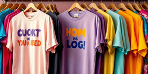 Colourful funny T-shirts hanging on display in UK.