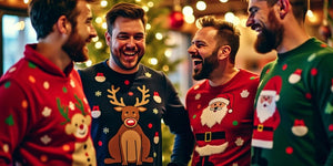 Men in funny Christmas jumpers celebrating together.