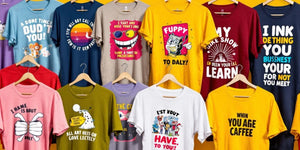 Colourful funny t-shirts on hangers in a bright setting.