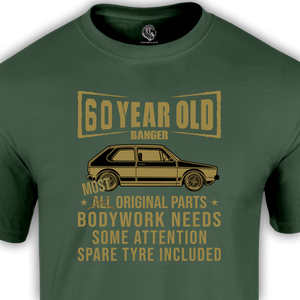 60th birthday green t shirt with old car advertised