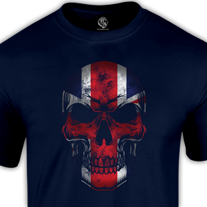 skull t shirt, blue shirt with union jack flag in the skull