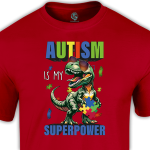 red autism t shirt with the words autism is my superpower