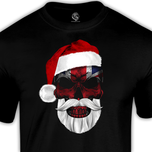 black christmas t shirt featuring a british flag skull wearing a santa hat