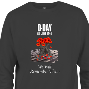 D Day Shirt collection showing dark grey sweatshirt with boot filled with poppies