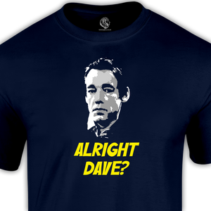 graphic tees blue shirt with alright dave yellow text
