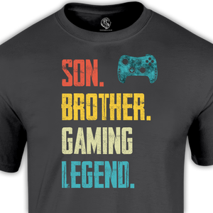 gaming t-shirts. Charcoal t shirt with text son brother gaming legend