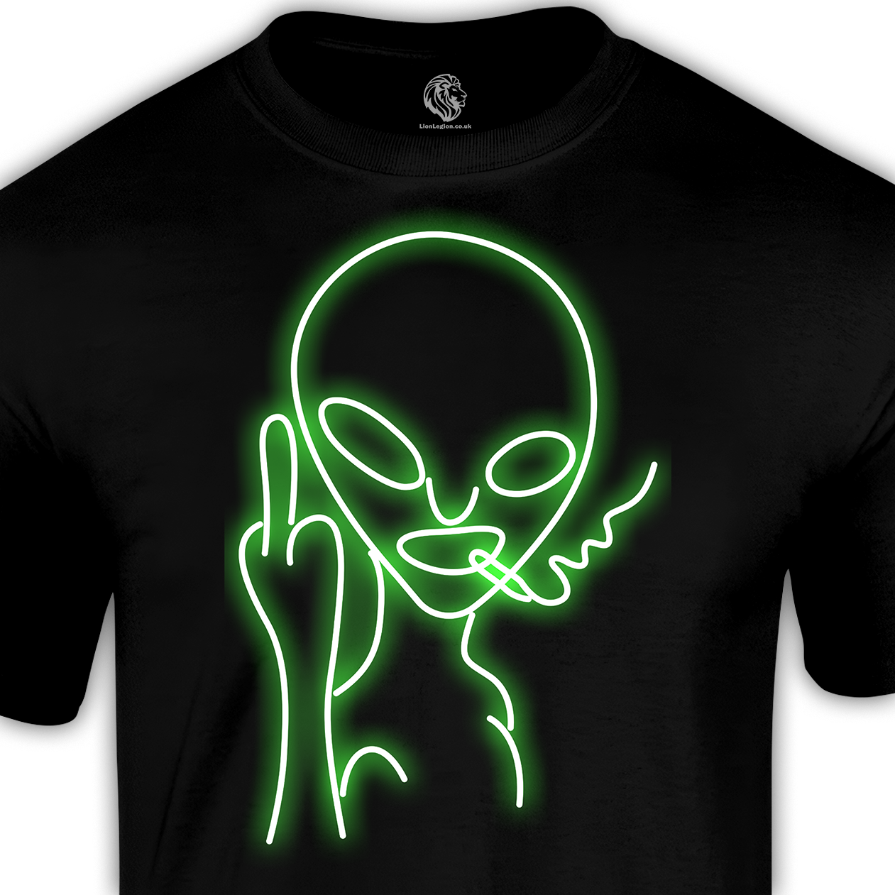 geek black t shirt, green alien giving the bird