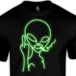 Graphic Tshirts black t shirt with a neon alien giving the bird