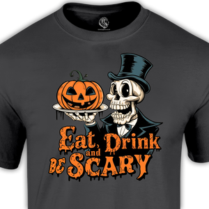 horror themed shirts a skull carrying a pumpkin on a tray