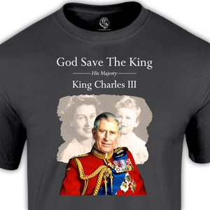king charles coronation t shirt shwing the king with the queen in the background