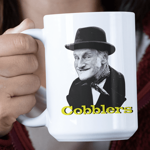 funny mugs cobblers yellow text on white mug