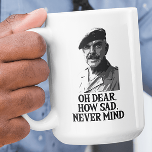 funny jumbo mug white, oh dear how sad black text