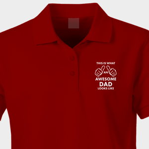 red polo shirt featuring awesome dad logo
