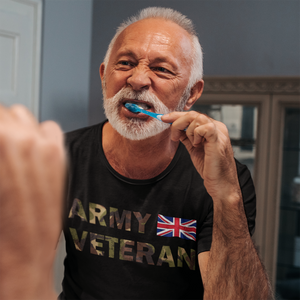 british army veteran t shirt, veteran brushing his teeth
